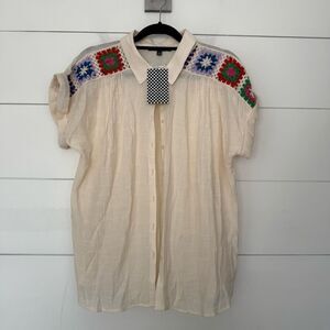 Como Black Women’s Large Granny Square Blouse Top New